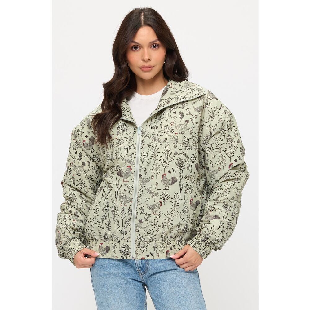 SM Wardrobe Size S/M Rooster Floral Print Bomber Puffer Jacket